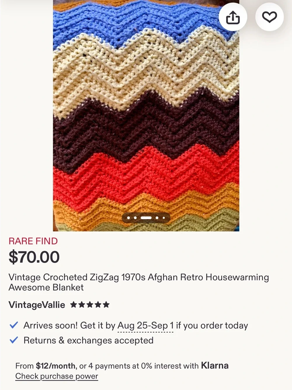 1970’s Vintage Handmade Multicolor Chevron Crochet Throw Blanket